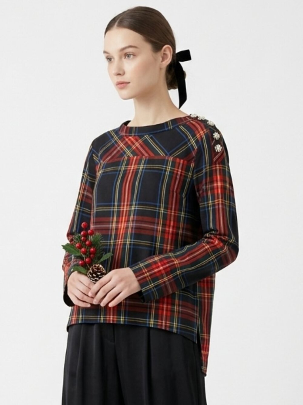 J. Crew Blouse Blue Tartan Plaid Hi-Low Mock Collar Preppy Holiday 10T